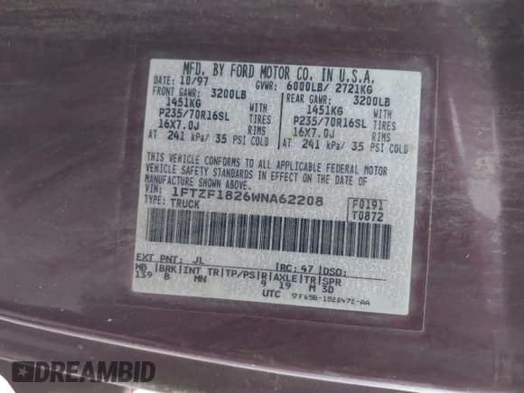 ✅ 1998 Ford F-150 • VIN: 1FTZF1826WNA62208 • Lot: 43854921. Wystawiony na IAAI z przebiegiem 182 484 mil. Bezpłatny archiwum sprzedaży aukcyjnych z USA i szczegółowy raport historii pojazdu na DreamBid. Zdjęcie 9.