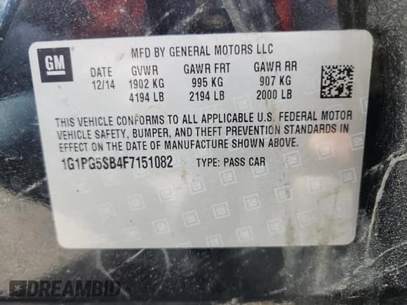 ✅ 2015 Chevrolet Cruze LTZ • VIN: 1G1PG5SB4F7151082 • Lot: 68713325. Listed on Copart with 111,332 mi. Free auction sales archive from the USA and detailed vehicle history report at DreamBid. Image 12.