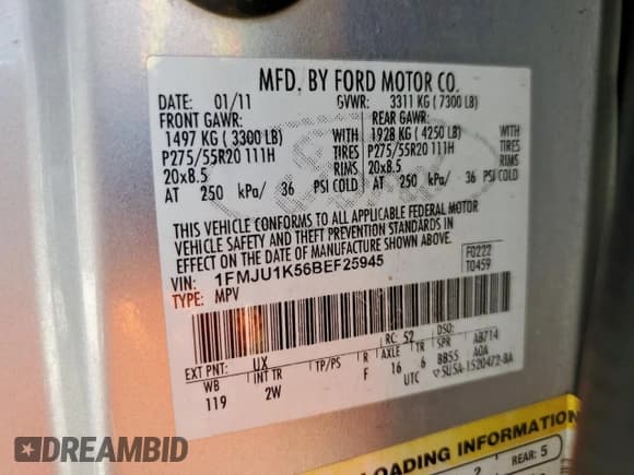 ✅ 2011 Ford Expedition Limited • VIN: 1FMJU1K56BEF25945 • Лот: 66264885. Опубликован ранее на Copart с пробегом 169 711 миль. Бесплатный доступ к архиву аукционных продаж из США и подробный отчёт об истории автомобиля на DreamBid. Изображение 13.
