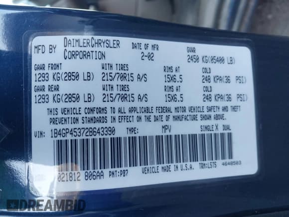 ✅ 2002 Dodge Caravan Sport • VIN: 1B4GP45372B643390 • Lot: 43728216. Listed on IAAI with 144,421 mi. Free auction sales archive from the USA and detailed vehicle history report at DreamBid. Image 9.