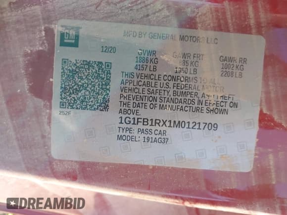 ✅ 2021 Chevrolet Camaro 1LS • VIN: 1G1FB1RX1M0121709 • Lot: 41943012. Wystawiony na IAAI z przebiegiem Nie podano. Bezpłatny archiwum sprzedaży aukcyjnych z USA i szczegółowy raport historii pojazdu na DreamBid. Zdjęcie 9.