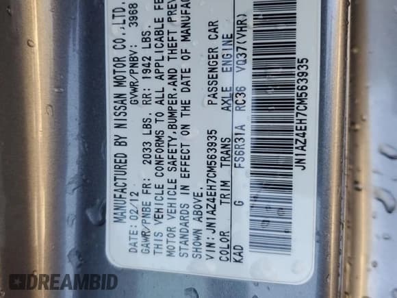 ✅ 2012 Nissan 370Z Touring • VIN: JN1AZ4EH7CM563935 • Lot: 80113634. Listed on Copart with Not provided. Free auction sales archive from the USA and detailed vehicle history report at DreamBid. Image 13.