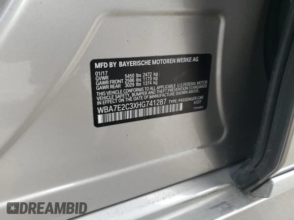 ✅ 2017 BMW 7 Series 740i • VIN: WBA7E2C3XHG741287 • Lot: 81467345. Listed on Copart with 112,218 mi. Free auction sales archive from the USA and detailed vehicle history report at DreamBid. Image 12.