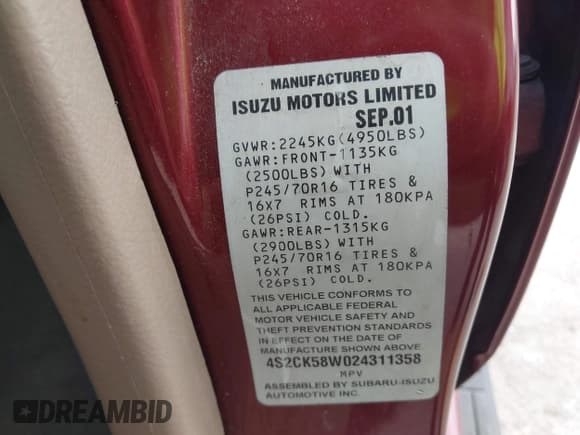 ✅ 2002 Isuzu Rodeo S • VIN: 4S2CK58W024311358 • Lot: 42556244. Wystawiony na IAAI z przebiegiem 134 187 mil. Bezpłatny archiwum sprzedaży aukcyjnych z USA i szczegółowy raport historii pojazdu na DreamBid. Zdjęcie 9.