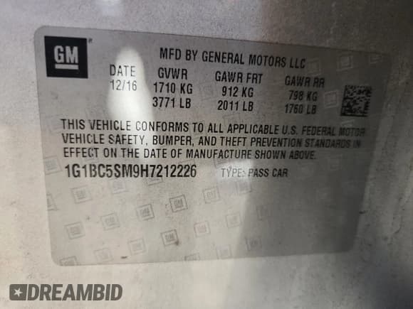 ✅ 2017 Chevrolet Cruze LS • VIN: 1G1BC5SM9H7212226 • Lot: 84060905. Listed on Copart with 117,201 mi. Free auction sales archive from the USA and detailed vehicle history report at DreamBid. Image 12.