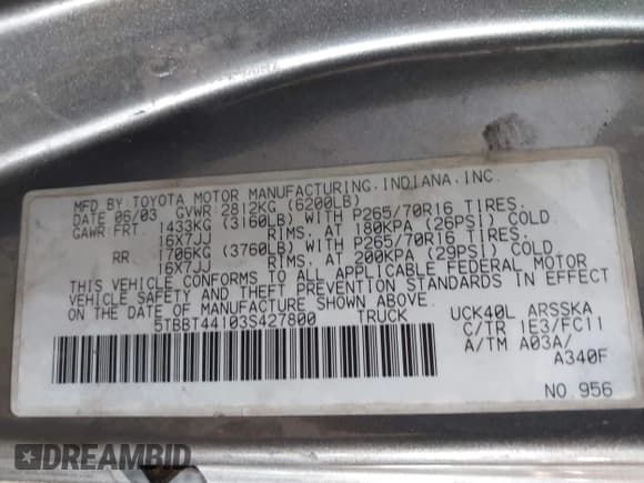 ✅ 2003 Toyota Tundra SR5 • VIN: 5TBBT44103S427800 • Lot: 42988179. Wystawiony na IAAI z przebiegiem 397 558 mil. Bezpłatny archiwum sprzedaży aukcyjnych z USA i szczegółowy raport historii pojazdu na DreamBid. Zdjęcie 9.