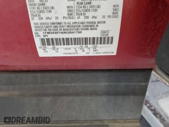 2022 Ford Explorer Limited z VIN 1FMSK8FH6NGB41700, wystawiony jako Copart lot #80382025 z przebiegiem 46 066 mil mil oraz Szkoda całkowita • Salvage title. Historia ofert i sprzedaży dostępna na DreamBid. Obrazek 13.