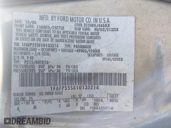 ✅ 2001 Ford Taurus SE • VIN: 1FAFP53S81G133214 • Лот: 43765502. Опубликован ранее на IAAI с пробегом 217 790 миль. Бесплатный доступ к архиву аукционных продаж из США и подробный отчёт об истории автомобиля на DreamBid. Изображение 9.