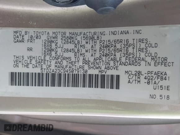 ✅ 2004 Toyota Sienna LE • VIN: 5TDZA23C94S079130 • Lot: 43648672. Listed on IAAI with 205,964 mi. Free auction sales archive from the USA and detailed vehicle history report at DreamBid. Image 9.