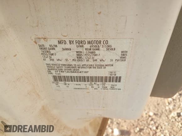 ✅ 2008 Ford F-150 XL • VIN: 1FTRF14V88KD47187 • Lot: 43341934. Wystawiony na IAAI z przebiegiem Nie podano. Bezpłatny archiwum sprzedaży aukcyjnych z USA i szczegółowy raport historii pojazdu na DreamBid. Zdjęcie 9.