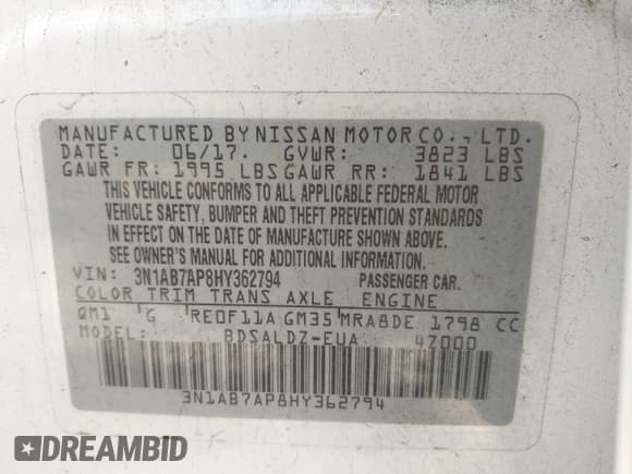 ✅ 2017 Nissan Sentra SL • VIN: 3N1AB7AP8HY362794 • Lot: 43713832. Listed on IAAI with 107,265 mi. Free auction sales archive from the USA and detailed vehicle history report at DreamBid. Image 9.