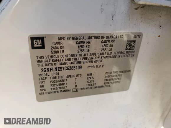 2012 Chevrolet Equinox 2LT with VIN 2GNFLNE57C6385109, listed as a Copart auction lot 82121705 with 107,485 mi miles and Salvage title. Bid and sale history available at DreamBid. Image 13.