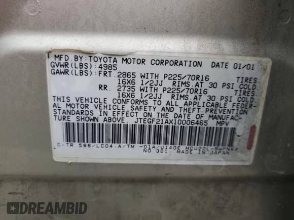 2001 Toyota Highlander с VIN JTEGF21AX10006465, выставлен на аукционе Copart как лот 80225035 с пробегом 306 636 миль миль и Чистый • Clean title. История ставок и продаж доступна на DreamBid. Изображение 12.