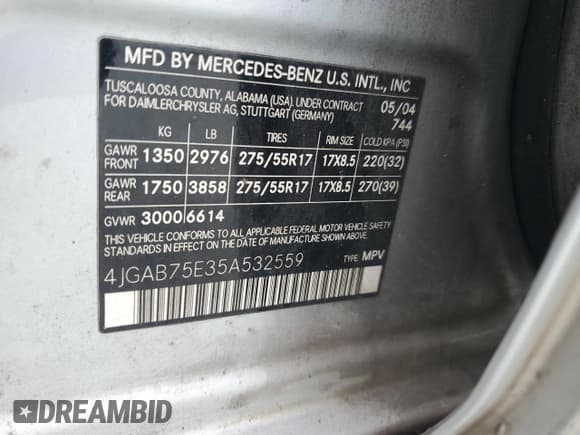 ✅ 2005 Mercedes-Benz M 500 • VIN: 4JGAB75E35A532559 • Lot: 85321484. Listed on Copart with 305,999 mi. Free auction sales archive from the USA and detailed vehicle history report at DreamBid. Image 15.