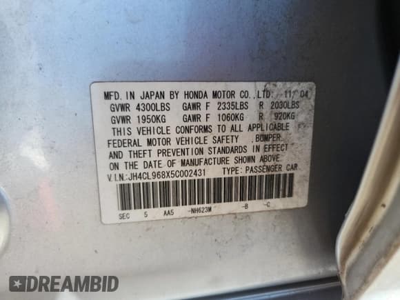 ✅ 2005 Acura TSX • VIN: JH4CL968X5C002431 • Lot: 84903225. Wystawiony na Copart z przebiegiem 146 584 mil. Bezpłatny archiwum sprzedaży aukcyjnych z USA i szczegółowy raport historii pojazdu na DreamBid. Zdjęcie 12.