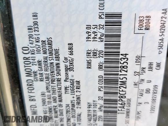 ✅ 2021 Ford Mustang GT • VIN: 1FA6P8CF2M5128534 • Lot: 57757225. Listed on Copart with Not provided. Free auction sales archive from the USA and detailed vehicle history report at DreamBid. Image 12.