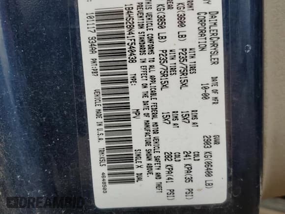 ✅ 2001 Dodge Durango • VIN: 1B4HS28N41F540438 • Лот: 86265985. Опубликован ранее на Copart с пробегом Не указан. Бесплатный доступ к архиву аукционных продаж из США и подробный отчёт об истории автомобиля на DreamBid. Изображение 13.