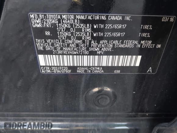 ✅ 2016 Toyota RAV4 XLE • VIN: 2T3RFREV4GW472190 • Lot: 43179615. Listed on IAAI with Not provided. Free auction sales archive from the USA and detailed vehicle history report at DreamBid. Image 9.