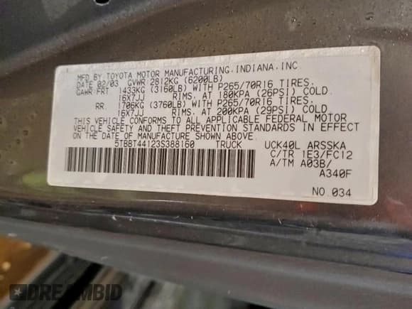 ✅ 2003 Toyota Tundra SR5 • VIN: 5TBBT44123S388160 • Lot: 95421965. Wystawiony na Copart z przebiegiem Nie podano. Bezpłatny archiwum sprzedaży aukcyjnych z USA i szczegółowy raport historii pojazdu na DreamBid. Zdjęcie 12.