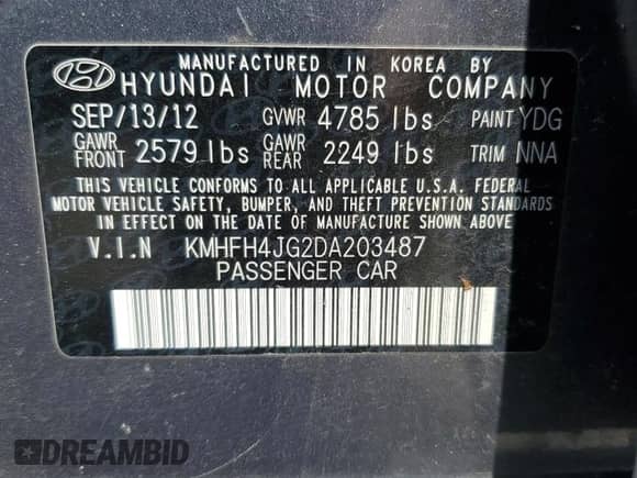 2013 Hyundai Azera с VIN KMHFH4JG2DA203487, выставлен на аукционе Copart как лот 52569915 с пробегом 190 679 миль миль и Чистый • Clean title. История ставок и продаж доступна на DreamBid. Изображение 12.