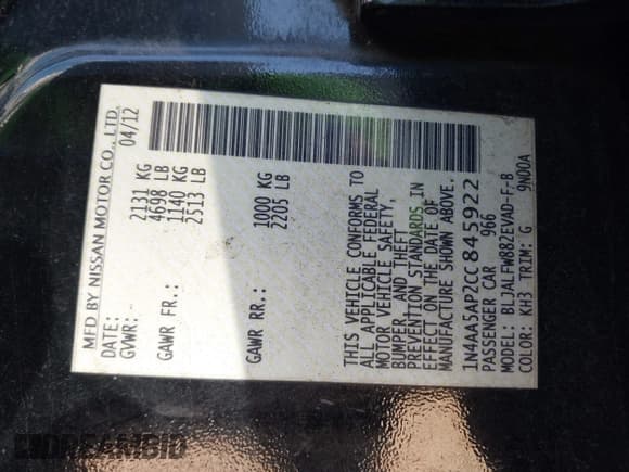 ✅ 2012 Nissan Maxima SV • VIN: 1N4AA5AP2CC845922 • Лот: 43570031. Опубликован ранее на IAAI с пробегом 179 473 миль. Бесплатный доступ к архиву аукционных продаж из США и подробный отчёт об истории автомобиля на DreamBid. Изображение 9.