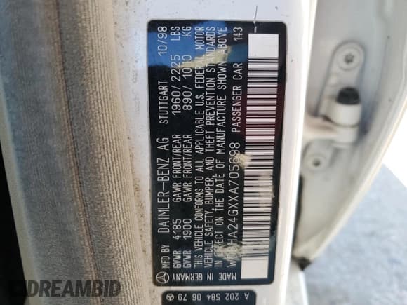 ✅ 1999 Mercedes-Benz C 230/260/280/320 • VIN: WDBHA24GXXA705698 • Lot: 54093535. Wystawiony na Copart z przebiegiem 184 453 mil. Bezpłatny archiwum sprzedaży aukcyjnych z USA i szczegółowy raport historii pojazdu na DreamBid. Zdjęcie 12.