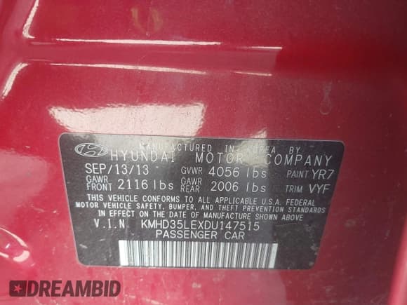 ✅ 2013 Hyundai Elantra • VIN: KMHD35LEXDU147515 • Lot: 43678784. Listed on IAAI with 153,200 mi. Free auction sales archive from the USA and detailed vehicle history report at DreamBid. Image 9.