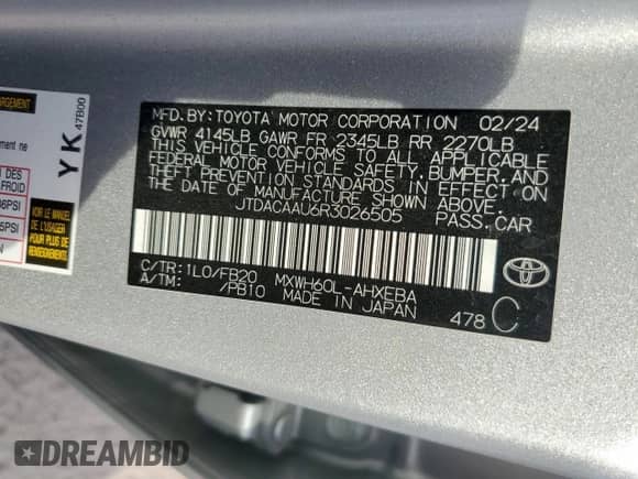 2024 Toyota Prius LE с VIN JTDACAAU6R3026505, выставлен на аукционе Copart как лот 89888075 с пробегом 40 588 миль миль и Списание • Salvage title. История ставок и продаж доступна на DreamBid. Изображение 12.