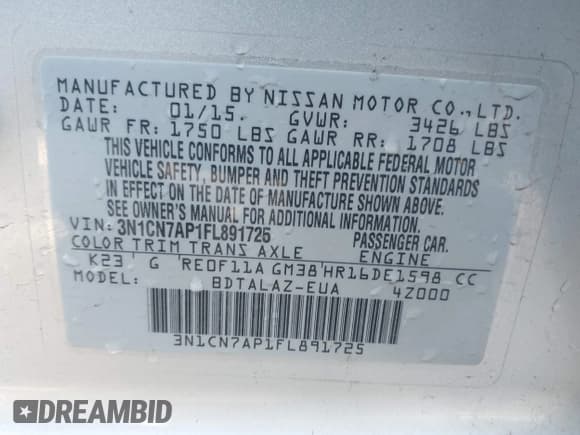 ✅ 2015 Nissan Versa SV • VIN: 3N1CN7AP1FL891725 • Лот: 42852838. Опубликован ранее на IAAI с пробегом 128 362 миль. Бесплатный доступ к архиву аукционных продаж из США и подробный отчёт об истории автомобиля на DreamBid. Изображение 9.