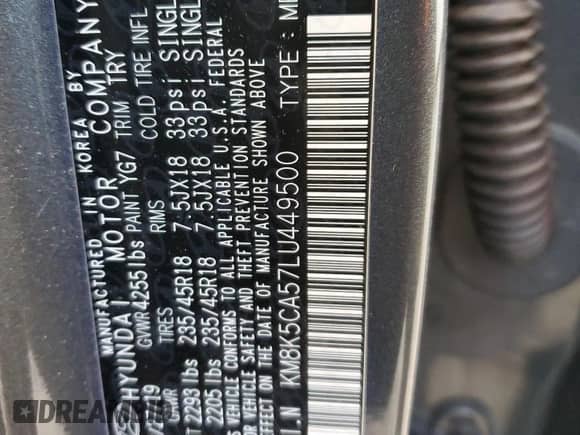 2020 Hyundai Kona Ultimate с VIN KM8K5CA57LU449500, выставлен на аукционе Copart как лот 68497752 с пробегом 10 106 миль миль и . История ставок и продаж доступна на DreamBid. Изображение 12.