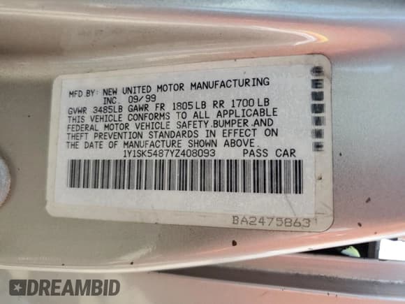 ✅ 2000 Chevrolet Prizm • VIN: 1Y1SK5487YZ408093 • Lot: 65705355. Listed on Copart with 143,283 mi. Free auction sales archive from the USA and detailed vehicle history report at DreamBid. Image 12.