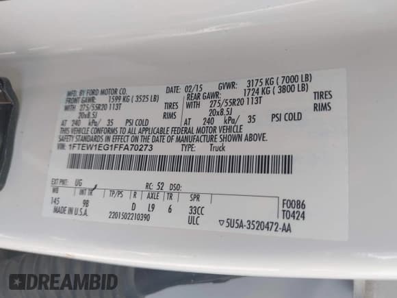 ✅ 2015 Ford F-150 XLT • VIN: 1FTEW1EG1FFA70273 • Lot: 42982925. Listed on IAAI with Not provided. Free auction sales archive from the USA and detailed vehicle history report at DreamBid. Image 8.