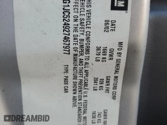 ✅ 2002 Chevrolet Cavalier • VIN: 1G1JC524927467977 • Lot: 87056865. Listed on Copart with 55,635 mi. Free auction sales archive from the USA and detailed vehicle history report at DreamBid. Image 12.