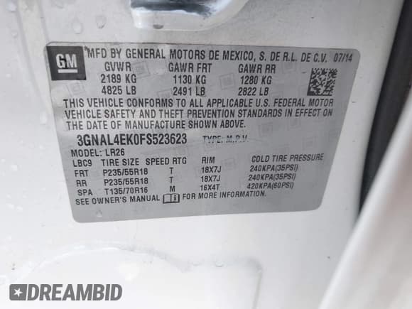 ✅ 2015 Chevrolet Captiva Sport LTZ • VIN: 3GNAL4EK0FS523623 • Lot: 41469061. Wystawiony na IAAI z przebiegiem 124 222 mil. Bezpłatny archiwum sprzedaży aukcyjnych z USA i szczegółowy raport historii pojazdu na DreamBid. Zdjęcie 9.