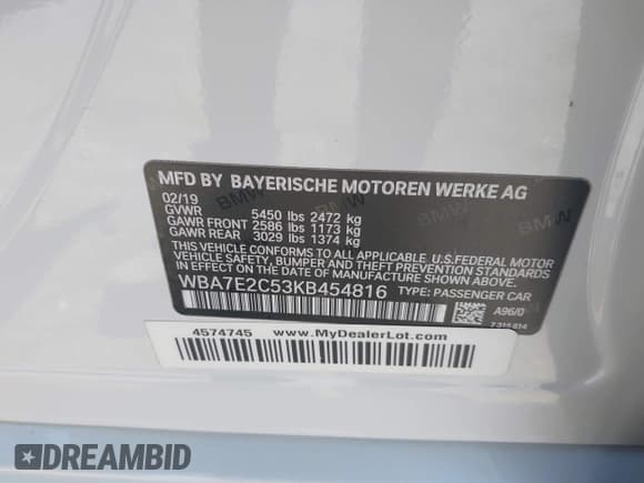 ✅ 2019 BMW 7 Series 740i • VIN: WBA7E2C53KB454816 • Lot: 42539294. Listed on IAAI with 73,363 mi. Free auction sales archive from the USA and detailed vehicle history report at DreamBid. Image 9.