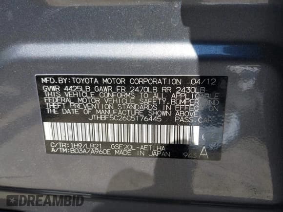 ✅ 2012 Lexus IS 250 • VIN: JTHBF5C26C5176445 • Lot: 42926961. Listed on IAAI with 140,959 mi. Free auction sales archive from the USA and detailed vehicle history report at DreamBid. Image 9.