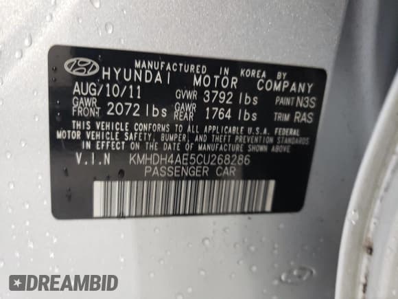 ✅ 2012 Hyundai Elantra GLS • VIN: KMHDH4AE5CU268286 • Lot: 90072305. Listed on Copart with 77,968 mi. Free auction sales archive from the USA and detailed vehicle history report at DreamBid. Image 12.