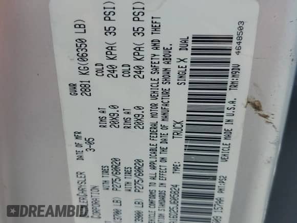 2005 Dodge 1500 SLT z VIN 1D7HA16D25J605824, wystawiony jako Copart lot #57565545 z przebiegiem 259 398 mil mil oraz Szkoda całkowita • Salvage title. Historia ofert i sprzedaży dostępna na DreamBid. Obrazek 12.