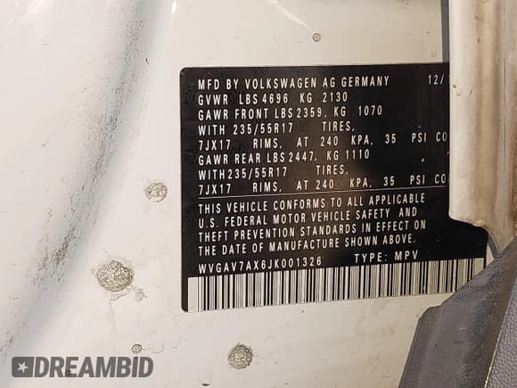 ✅ 2018 Volkswagen Tiguan • VIN: WVGAV7AX6JK001326 • Лот: 43422883. Опубликован ранее на IAAI с пробегом 91 695 миль. Бесплатный доступ к архиву аукционных продаж из США и подробный отчёт об истории автомобиля на DreamBid. Изображение 9.
