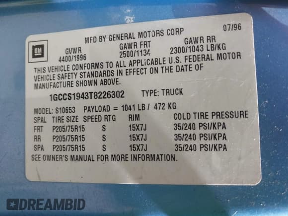 ✅ 1996 Chevrolet S-10 LS • VIN: 1GCCS1943T8226302 • Лот: 41879195. Опубликован ранее на IAAI с пробегом 337 835 миль. Бесплатный доступ к архиву аукционных продаж из США и подробный отчёт об истории автомобиля на DreamBid. Изображение 9.