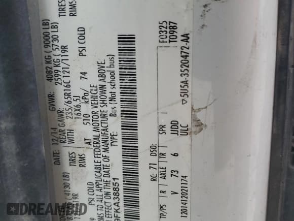 ✅ 2015 Ford Transit XL • VIN: 1FBZX2ZM9FKA38851 • Lot: 48593945. Wystawiony na Copart z przebiegiem 197 409 mil. Bezpłatny archiwum sprzedaży aukcyjnych z USA i szczegółowy raport historii pojazdu na DreamBid. Zdjęcie 13.