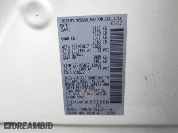 ✅ 2017 Nissan Rogue SL • VIN: 5N1AT2MV1HC831266 • Lot: 43674393. Listed on IAAI with 108,436 mi. Free auction sales archive from the USA and detailed vehicle history report at DreamBid. Image 9.