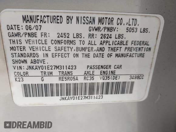 ✅ 2007 Infiniti M • VIN: JNKAY01E27M311423 • Lot: 43930420. Listed on IAAI with 117,313 mi. Free auction sales archive from the USA and detailed vehicle history report at DreamBid. Image 9.