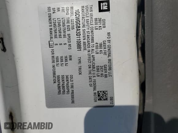 ✅ 2013 Chevrolet Express Cargo • VIN: 1GCWGGBA3D1109881 • Lot: 47881525. Listed on Copart with Not provided. Free auction sales archive from the USA and detailed vehicle history report at DreamBid. Image 13.