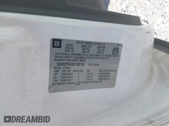 ✅ 2012 Chevrolet Silverado 1500 Work Truck • VIN: 1GCNCPEX4CZ106138 • Lot: 42618201. Listed on IAAI with 307,583 mi. Free auction sales archive from the USA and detailed vehicle history report at DreamBid. Image 9.