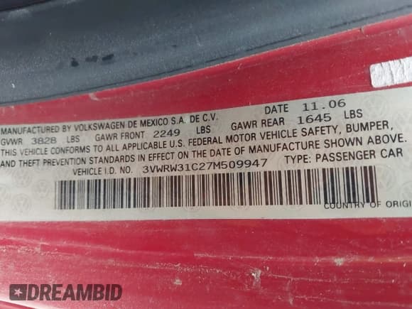 ✅ 2007 Volkswagen Beetle • VIN: 3VWRW31C27M509947 • Lot: 42147827. Listed on IAAI with 72,608 mi. Free auction sales archive from the USA and detailed vehicle history report at DreamBid. Image 9.