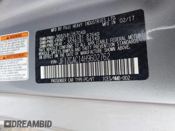 ✅ 2017 Subaru BRZ Limited • VIN: JF1ZCAC14H9602762 • Лот: 42918546. Опубликован ранее на IAAI с пробегом 76 881 миль. Бесплатный доступ к архиву аукционных продаж из США и подробный отчёт об истории автомобиля на DreamBid. Изображение 9.