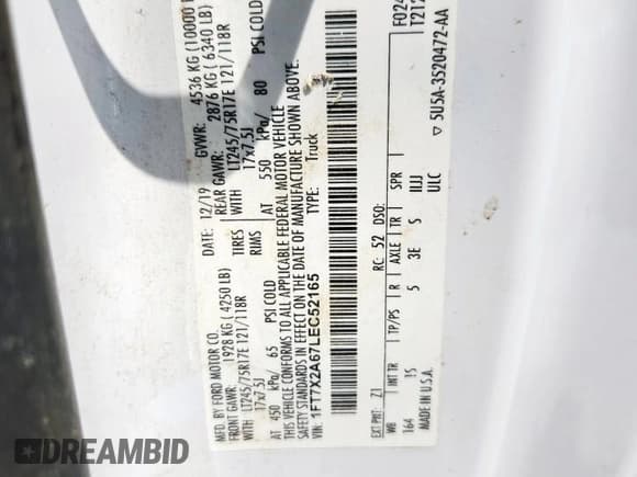 ✅ 2020 Ford F-250 XL • VIN: 1FT7X2A67LEC52165 • Lot: 61053385. Wystawiony na Copart z przebiegiem 178 242 mil. Bezpłatny archiwum sprzedaży aukcyjnych z USA i szczegółowy raport historii pojazdu na DreamBid. Zdjęcie 12.