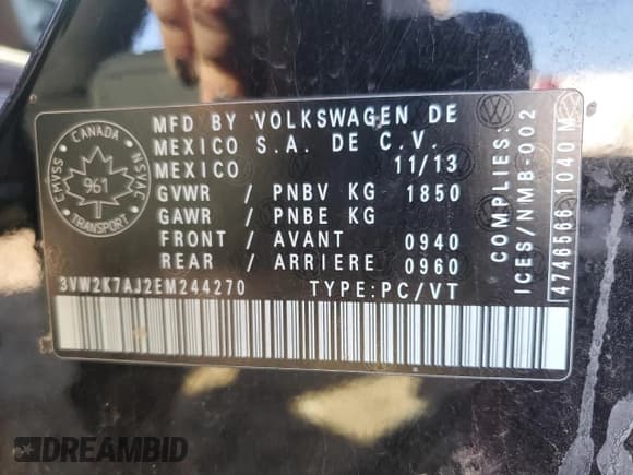 ✅ 2014 Volkswagen Jetta S • VIN: 3VW2K7AJ2EM244270 • Lot: 69909165. Listed on Copart with 155,577 mi. Free auction sales archive from the USA and detailed vehicle history report at DreamBid. Image 12.