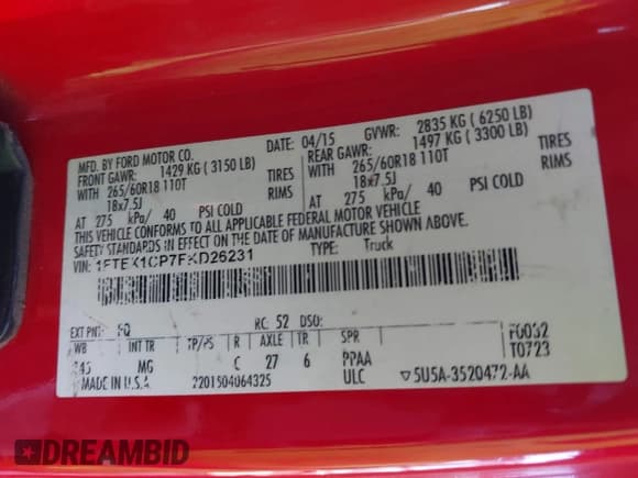 ✅ 2015 Ford F-150 XL • VIN: 1FTEX1CP7FKD26231 • Lot: 41012274. Listed on IAAI with 120,974 mi. Free auction sales archive from the USA and detailed vehicle history report at DreamBid. Image 9.